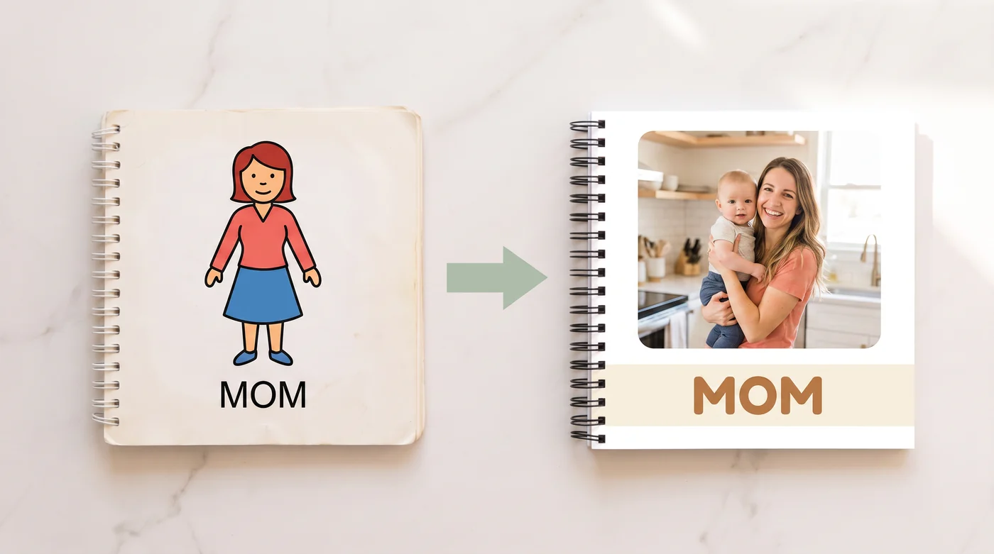 Two toddler word books side by side. The left is an ordinary shop-bought book showing a generic cartoon woman labelled MOM. An arrow points right to a Little Natter word book showing a real photograph of a smiling mother holding her baby, also labelled MOM.