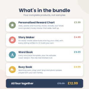 What is included in the Family Bundle: reward chart, story maker, word book and busy book