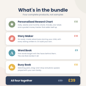 What's included: Reward Chart, Story Maker, Word Book and Busy Book